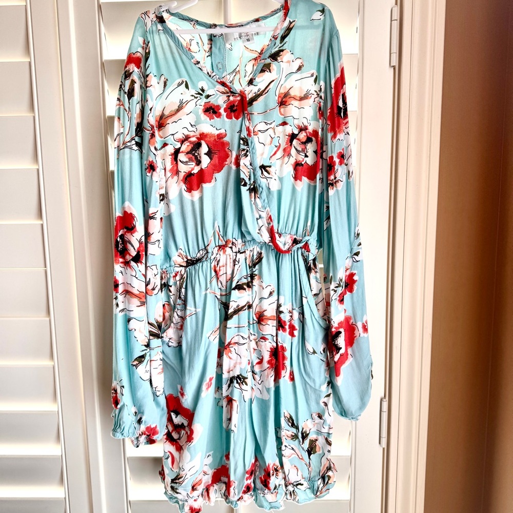 Peyton Bre Girls Floral Long Sleeve Romper Size 16‎ Aqua Red White Pockets